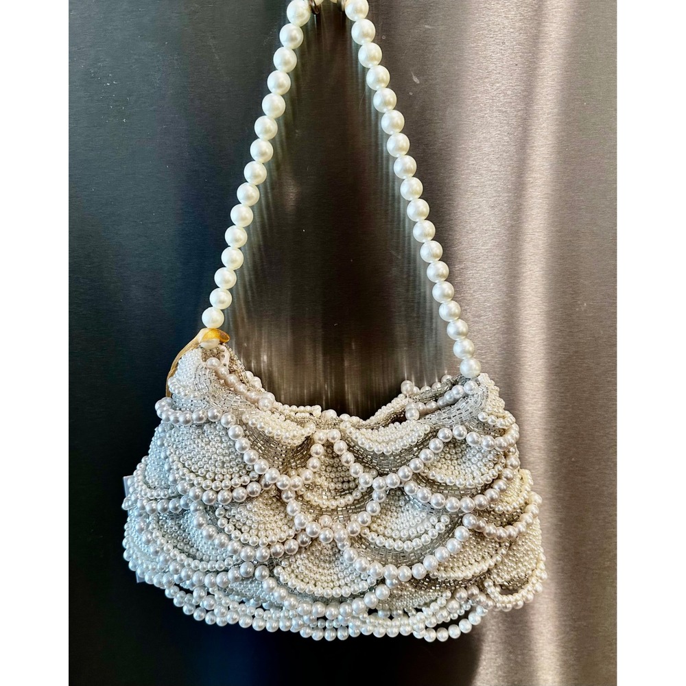VIRAL INDIA HANDMADE Beaded Pearl Scallop Evening Bag Bridal Wedding Clutch - Picture 8 of 11